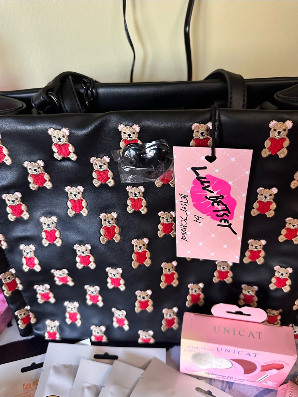 Betsey Johnson Black Teddy-Print Tote Bag - with filled tweety bag. NWT - Picture 12 of 13
